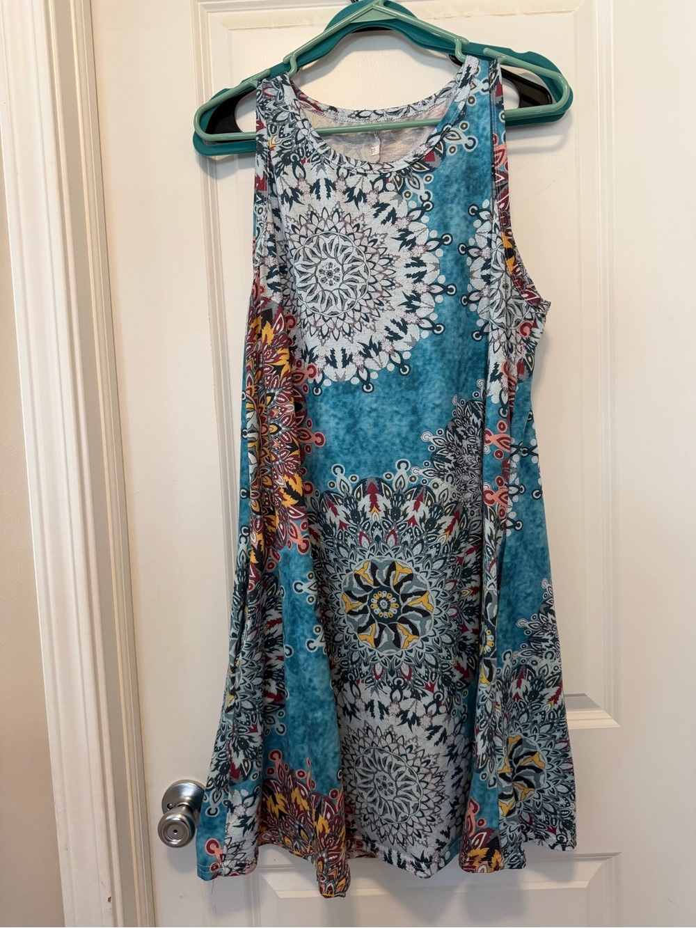 Sleeveless Teal Mosaic A-Line Midi Dress